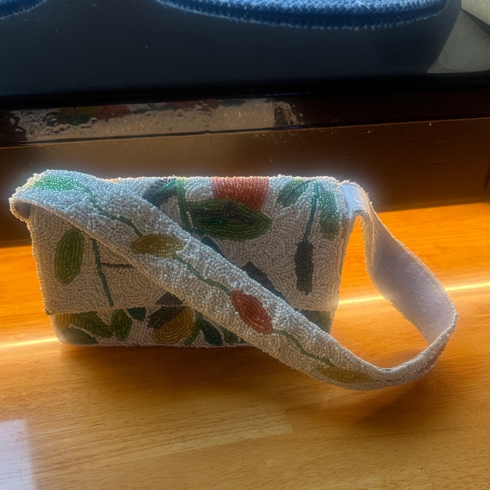 Lulu's White Beaded Mini Bag with Green & Coral Leaf Motif